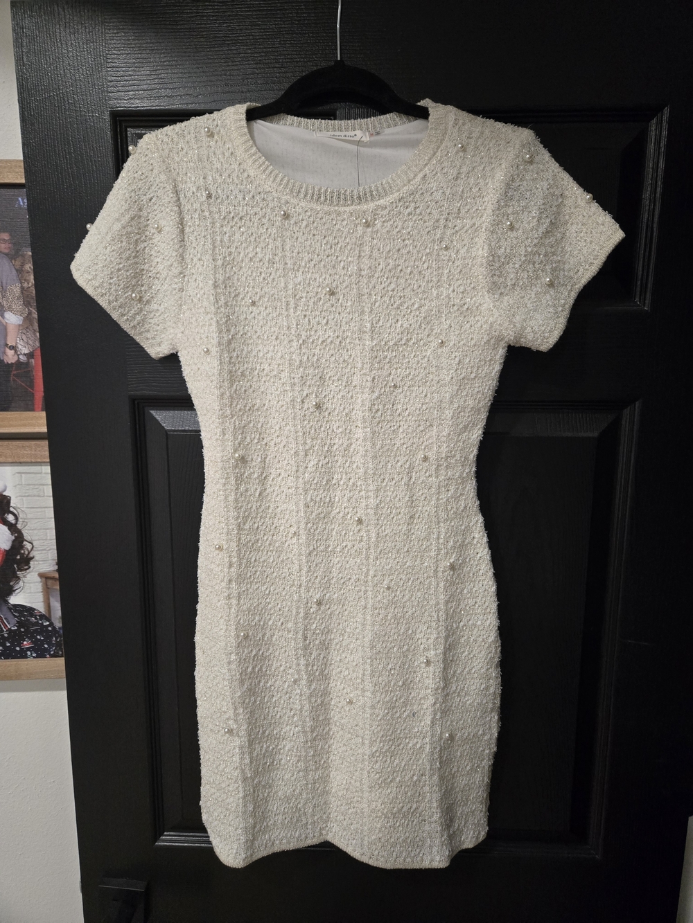 Cream Pearl-Embellished Short-Sleeve Mini Dress